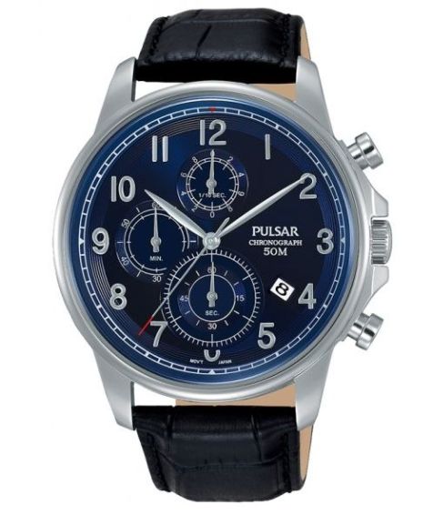Pulsar Watch PM3073X - Chronograph - 50m W/R - Black Leather Strap - Blue Face