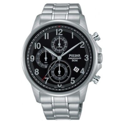Pulsar Watch PM3067X - Chronograph - 50m W/R - Silver Strainless Steel Bracelet - Black Face