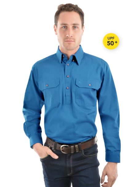 Men's Thomas Cook Heavy Cotton Drill Half Placket Long Sleeve Shirt WEDGEWOOD