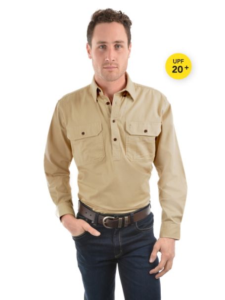 Men's Thomas Cook Heavy Cotton Drill Half Placket Long Sleeve Shirt BONE
