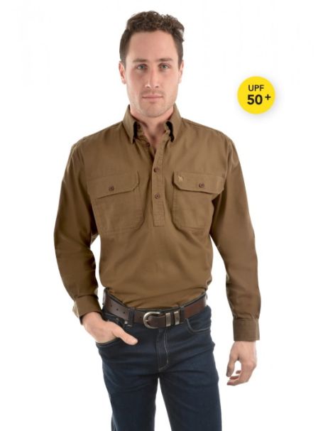 Men's Thomas Cook Heavy Cotton Drill Half Placket Long Sleeve Shirt BARK