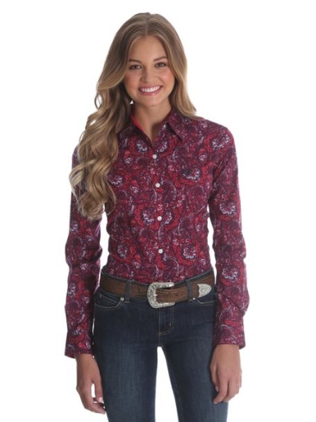Ladies' George Straight For Her by Wrangler Long Sleeve Shirt Red/Blue Paisley Pattern