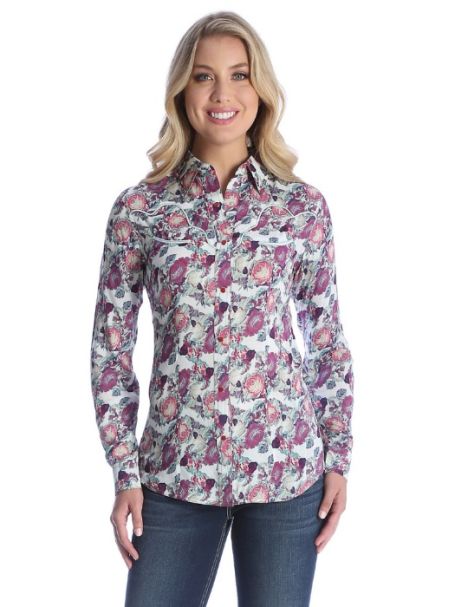 Ladies' Wrangler Long Sleeve Button Up Collar Shirt ROSE PRINT