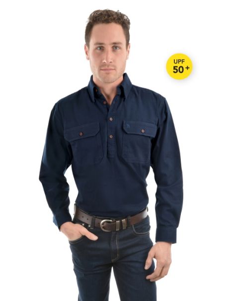 Men's Thomas Cook Heavy Cotton Drill Half Placket Long Sleeve Shirt NAVY