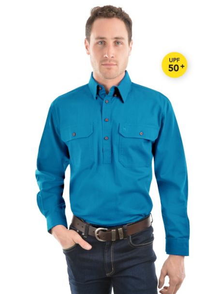 Men's Thomas Cook Heavy Cotton Drill Half Placket Long Sleeve Shirt AQUA