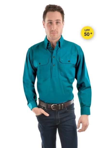 Men's Thomas Cook Heavy Cotton Drill Half Placket Long Sleeve Shirt TEAL
