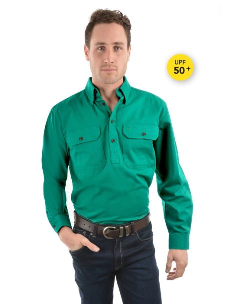 Men's Thomas Cook Heavy Cotton Drill Half Placket Long Sleeve Shirt BRIGHT GREEN