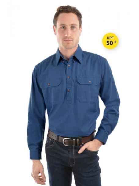 Men's Thomas Cook Heavy Cotton Drill Half Placket Long Sleeve Shirt STEEL BLUE